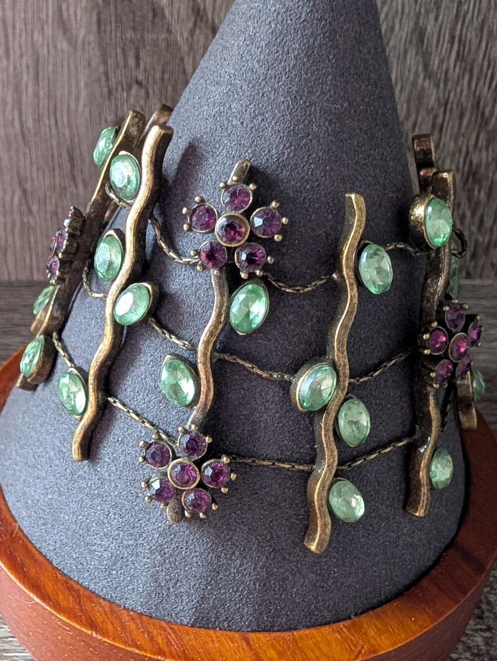 Vintage Floral Open Weave Vine Brass Cuff Bracelet with Green and Purple Gems